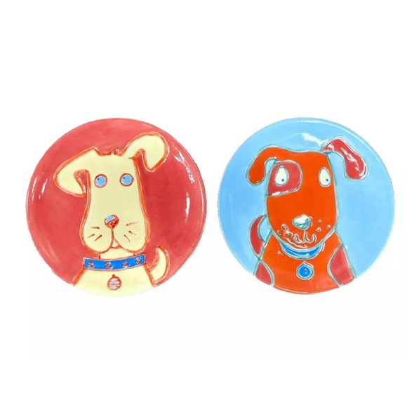 Lot Of 2 Dept 56 Dog Plate 7” Round Ceramic Dinner Lunch Or Pet Use Folk RARE - Picture 1 of 8